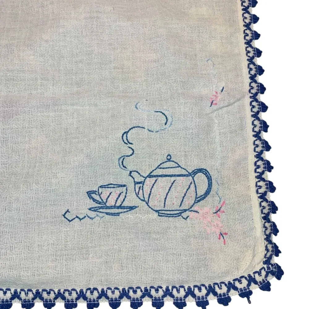 Vintage Linen Tea Towel Embroidered Tea Pots and Floral Country Farmhouse